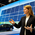 **Image Prompt 1: Solar Efficiency & Smart Design**
    A professional female architect, fully clothed in a modest business suit, stands in a brightly lit, modern exhibition hall. She is gesturing towards a large, interactive display showcasing innovative transparent solar panels seamlessly integrated into a futuristic building facade and flexible solar film applied to a sleek concept vehicle model. The background features other high-tech renewable energy exhibits, reflecting smart city concepts and sustainable urban development. Professional photography, high detail, perfect anatomy, correct proportions, natural pose, well-formed hands, proper finger count, natural body proportions, safe for work, appropriate content, appropriate attire, professional dress.