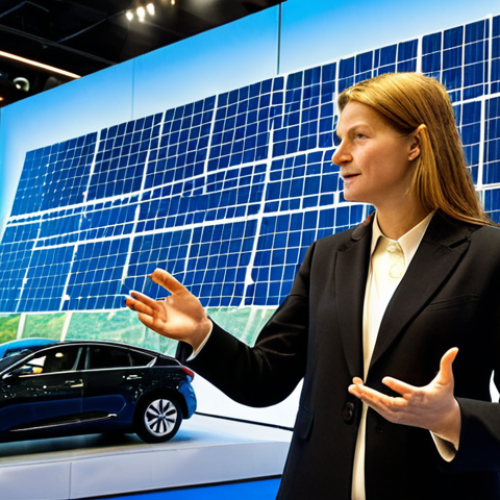 **Image Prompt 1: Solar Efficiency & Smart Design**
    A professional female architect, fully clothed in a modest business suit, stands in a brightly lit, modern exhibition hall. She is gesturing towards a large, interactive display showcasing innovative transparent solar panels seamlessly integrated into a futuristic building facade and flexible solar film applied to a sleek concept vehicle model. The background features other high-tech renewable energy exhibits, reflecting smart city concepts and sustainable urban development. Professional photography, high detail, perfect anatomy, correct proportions, natural pose, well-formed hands, proper finger count, natural body proportions, safe for work, appropriate content, appropriate attire, professional dress.