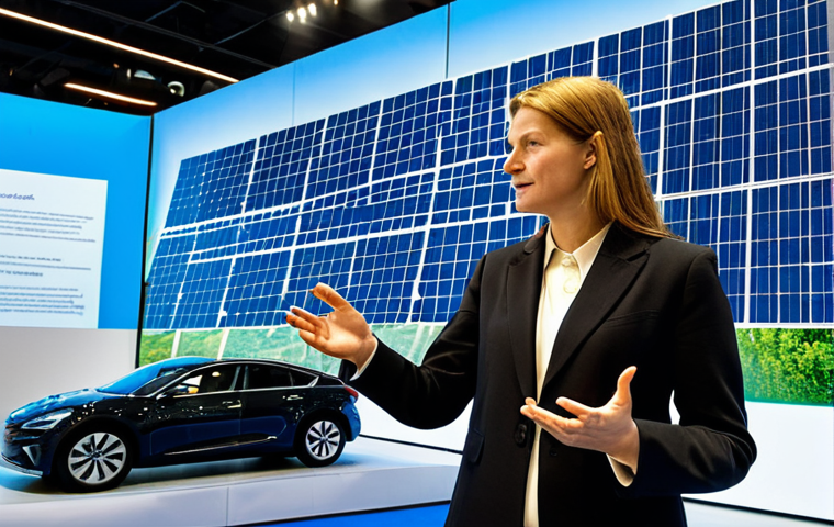 **Image Prompt 1: Solar Efficiency & Smart Design**
A professional female architect, fully clothed in a modest business suit, stands in a brightly lit, modern exhibition hall. She is gesturing towards a large, interactive display showcasing innovative transparent solar panels seamlessly integrated into a futuristic building facade and flexible solar film applied to a sleek concept vehicle model. The background features other high-tech renewable energy exhibits, reflecting smart city concepts and sustainable urban development. Professional photography, high detail, perfect anatomy, correct proportions, natural pose, well-formed hands, proper finger count, natural body proportions, safe for work, appropriate content, appropriate attire, professional dress.