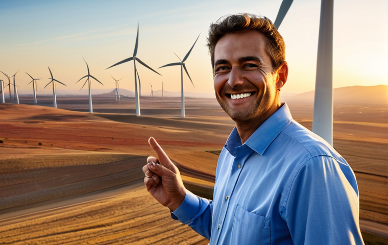 **

"A modern, fully clothed engineer in professional attire inspecting a wind turbine at a wind farm in a vast desert landscape. The scene is bathed in the warm light of the setting sun, showcasing the turbine as a symbol of sustainable energy. The engineer is smiling confidently. Perfect anatomy, correct proportions, natural pose, well-formed hands, proper finger count, natural body proportions, high quality, safe for work, appropriate content, professional, modest, family-friendly, fully clothed."

**