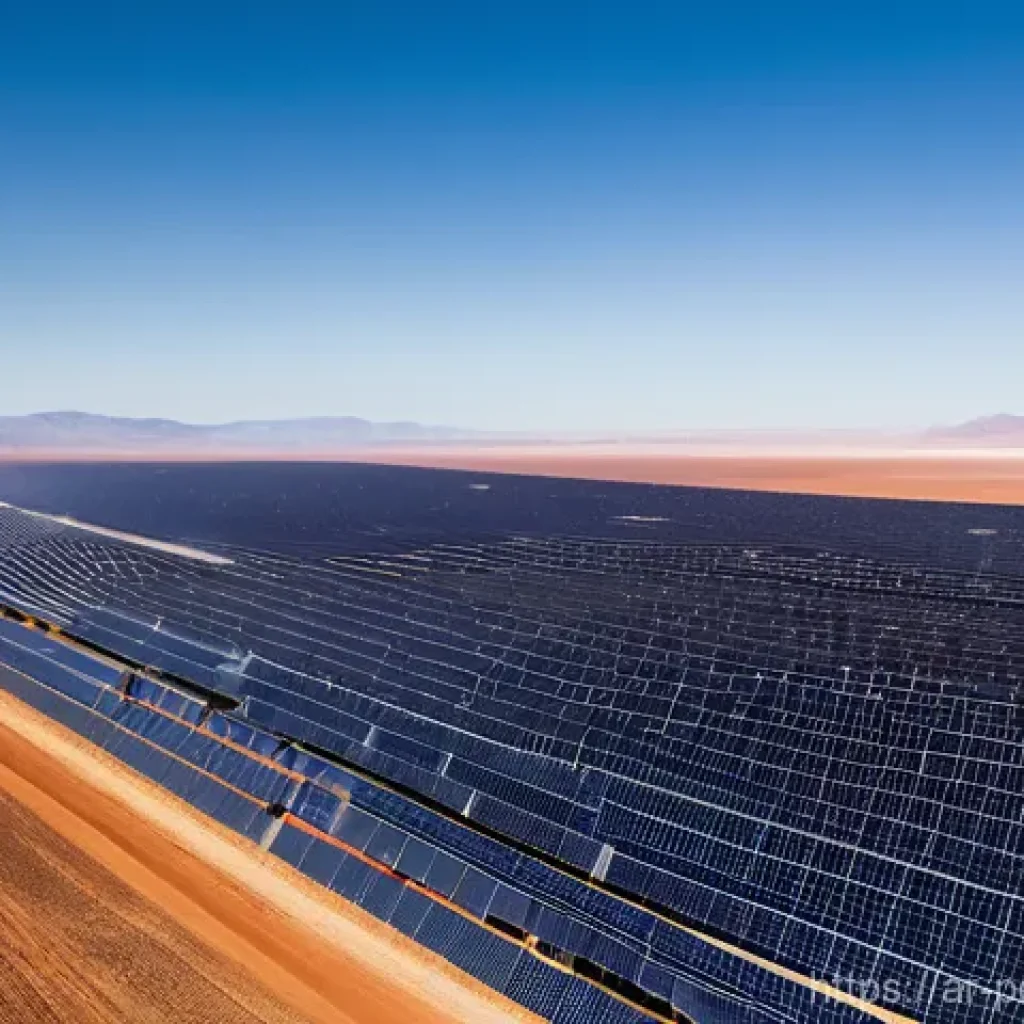 업계 전문가의 재생에너지 전망 - **Prompt:** A sprawling, ultra-modern solar farm stretches across a vast, sun-drenched desert landsc...
