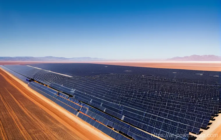 업계 전문가의 재생에너지 전망 - **Prompt:** A sprawling, ultra-modern solar farm stretches across a vast, sun-drenched desert landsc...