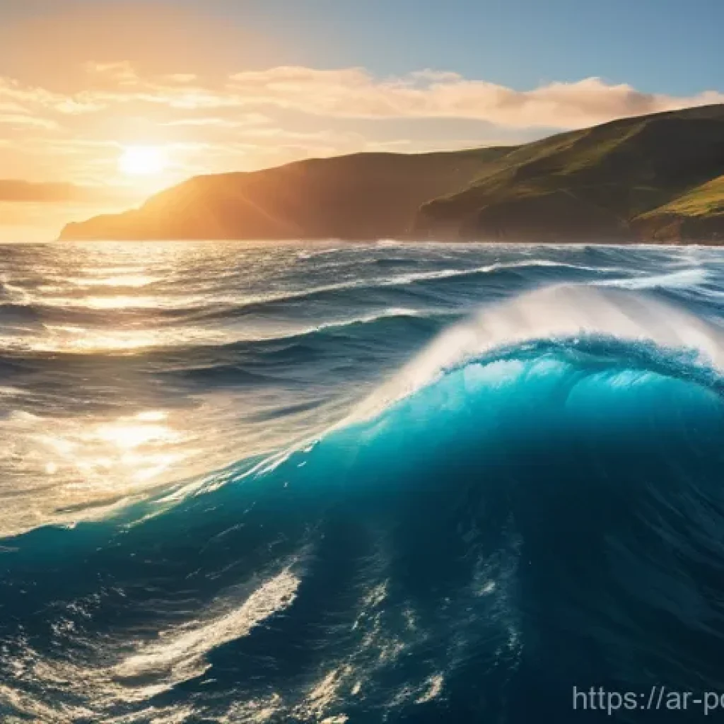 해양 에너지 발전의 가능성 - **Prompt:** A breathtaking, wide-angle shot of a majestic, deep blue ocean at sunrise. Powerful, cle...