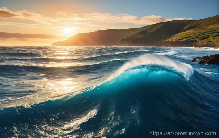 해양 에너지 발전의 가능성 - **Prompt:** A breathtaking, wide-angle shot of a majestic, deep blue ocean at sunrise. Powerful, cle...