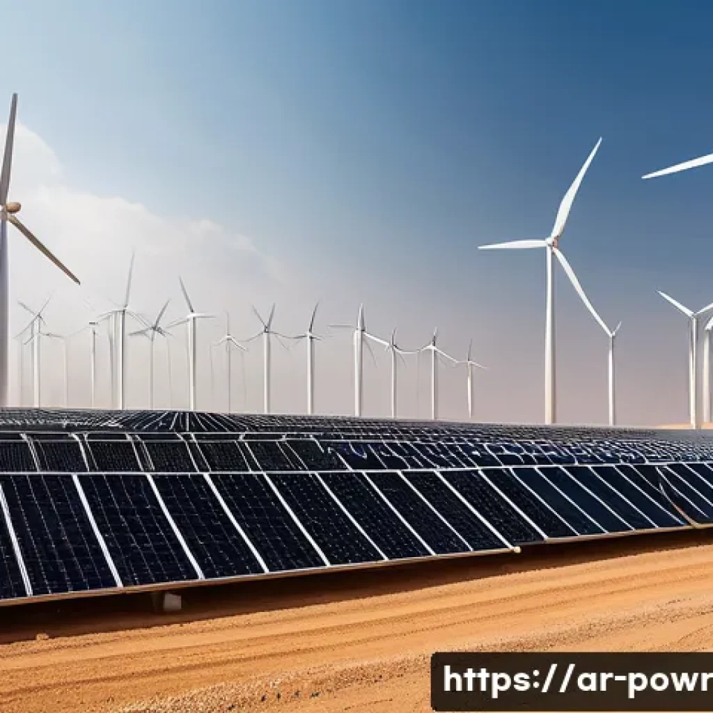 재생에너지의 기술적 한계와 극복 방안 - A modern renewable energy farm in a Middle Eastern desert setting during a partly cloudy day, featur...