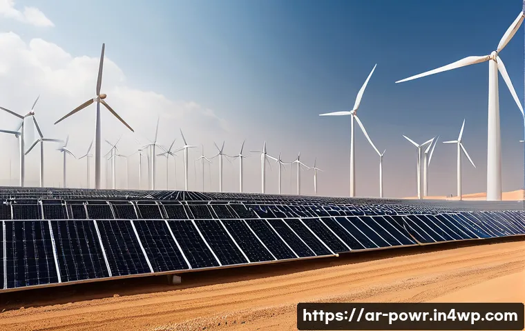 재생에너지의 기술적 한계와 극복 방안 - A modern renewable energy farm in a Middle Eastern desert setting during a partly cloudy day, featur...