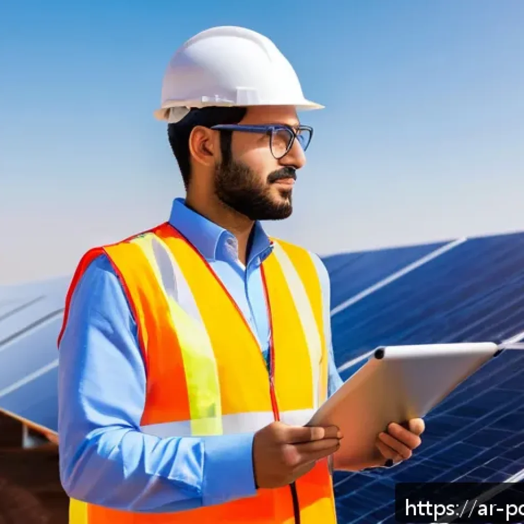 재생에너지 기술을 통한 일자리 창출 - A modern solar energy engineer at work in Saudi Arabia, wearing professional business casual attire ...