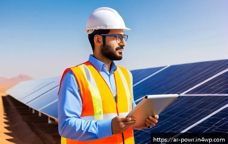 재생에너지 기술을 통한 일자리 창출 - A modern solar energy engineer at work in Saudi Arabia, wearing professional business casual attire ...