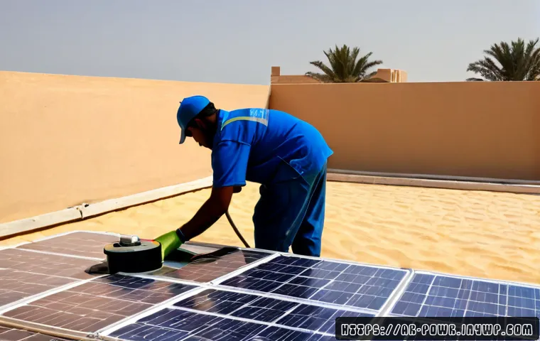 태양광 발전의 기술적 문제 및 해결 방안 - Photorealistic solar technician in modest workwear inspecting a dusty rooftop solar panel array on a...