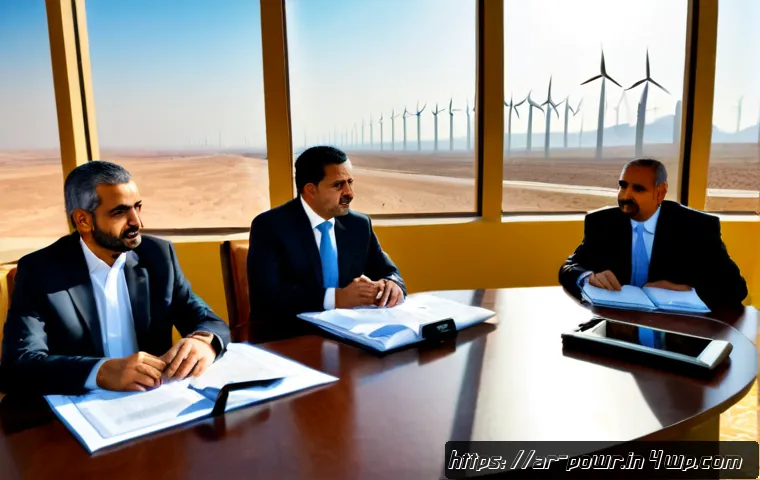 재생에너지 전환을 위한 정부 정책 - Photorealistic wide-angle scene of a modern Middle Eastern government energy planning meeting, Arab ...