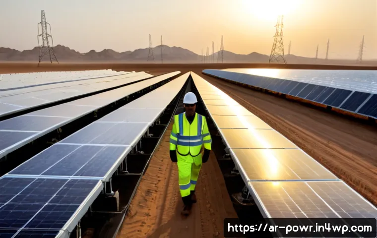 전력 판매를 위한 재생에너지 시스템 구축 - Photorealistic wide-angle view of a utility-scale solar farm being connected to the power grid in an...